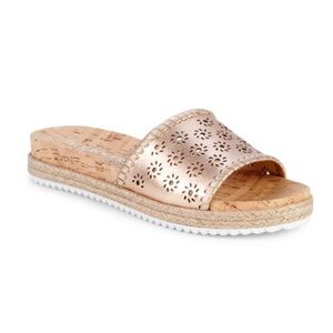 Jack Rogers Metallic Floral Espadrille Cork Slides in Rose Gold